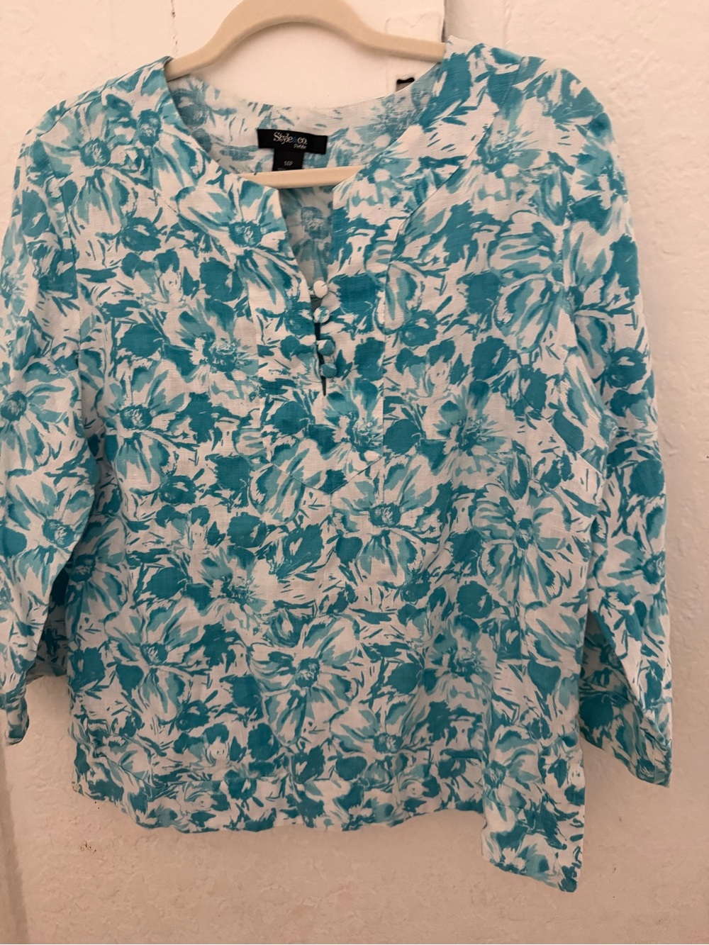 Style & Co. Teal and White Floral Button-Front Tunic
